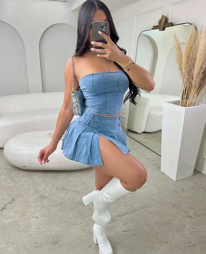 Jean Top With Skirt Two Piece Set